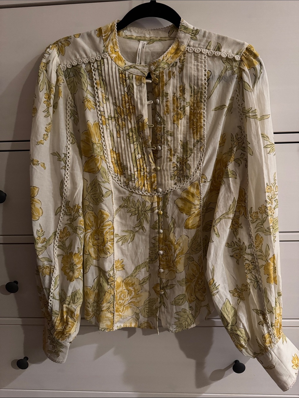 Anthropologie NWT Women’s Floral Pintuck Button-Front Blouse in Yellow on Cream